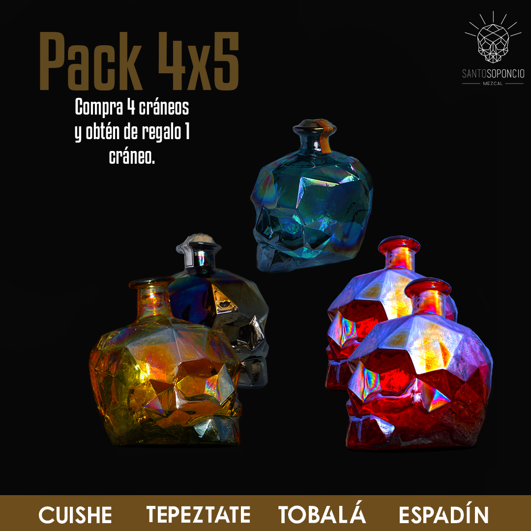 PROMOCIÓN 4 BOTELLAS DE CRÁNEO AGAVES ESPADÍN/TOBALÁ/TEPEZTATE/CUISHE + 1 BOTELLA DE CRÁNEO MEZCAL JOVEN AGAVE ESPADÍN GRATIS.